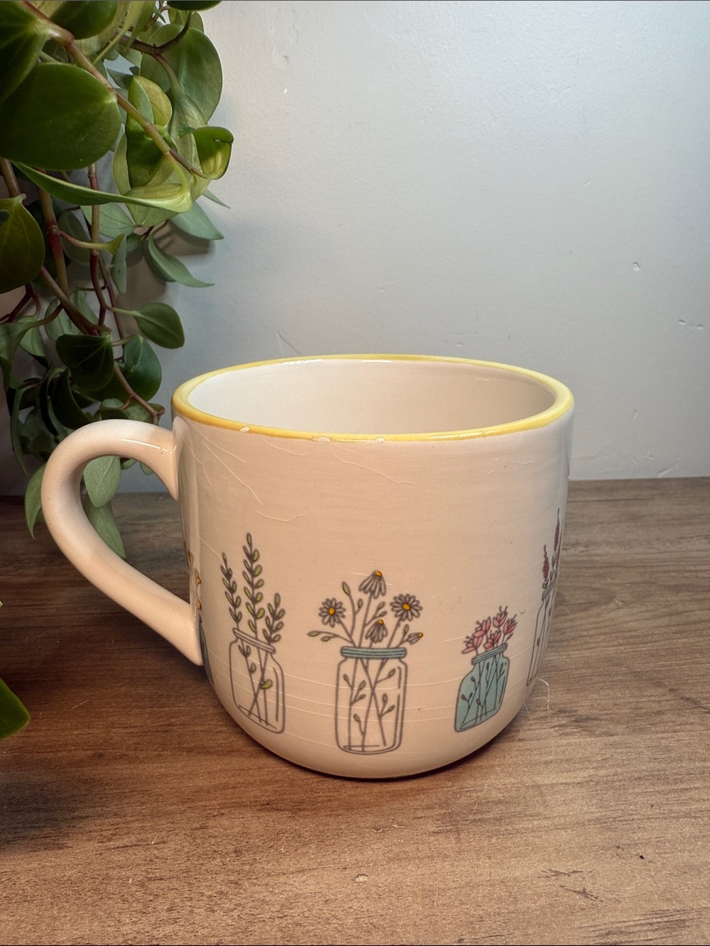 Shabby Chic Mason Jar Flowers Mug Yellow Rim Cottage Very Loved